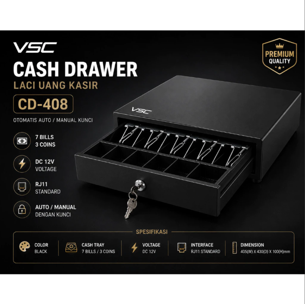 VSC CD-408 Cash Drawer Laci Uang Kasir RJ11 Otomatis 43 x 40 cm