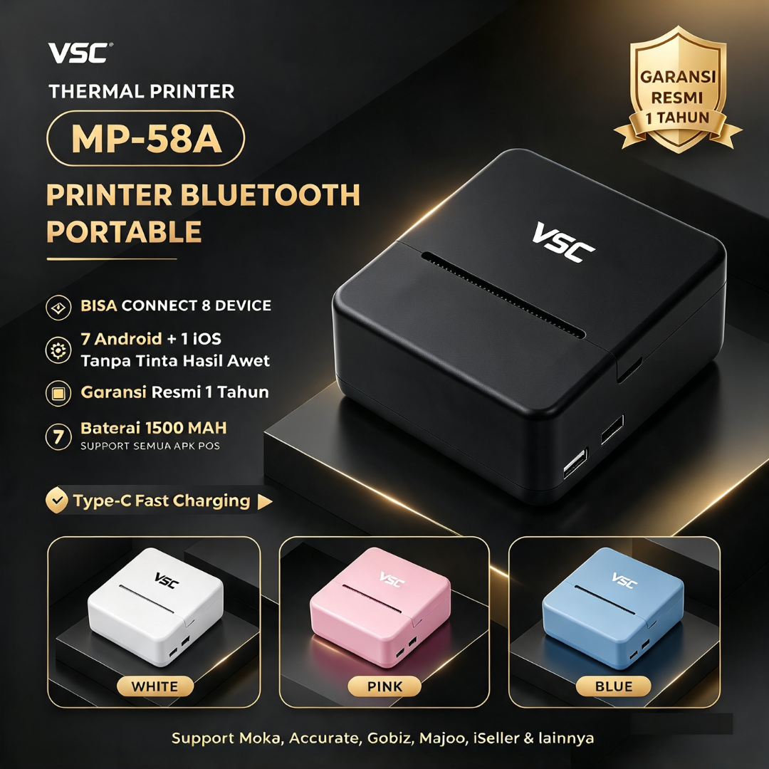 MINI THERMAL PRINTER BLUETOOTH VSC MP-58A RPP02N 58MM SUPPORT MOKAPOS